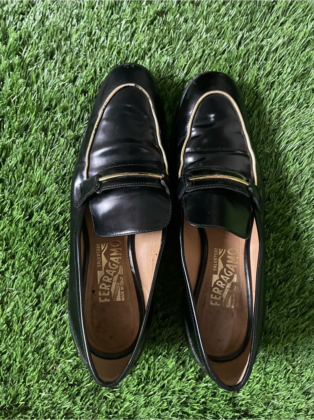 Salvatore Ferragamo Black Leather Vintage Loafers With Gold Trim